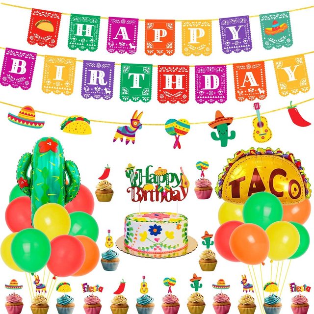 Mexican Themed Birthday Party Decorations Fiesta Party Supplies Taco Cactus  Foil Balloons Happy Birthday Banner Cake
